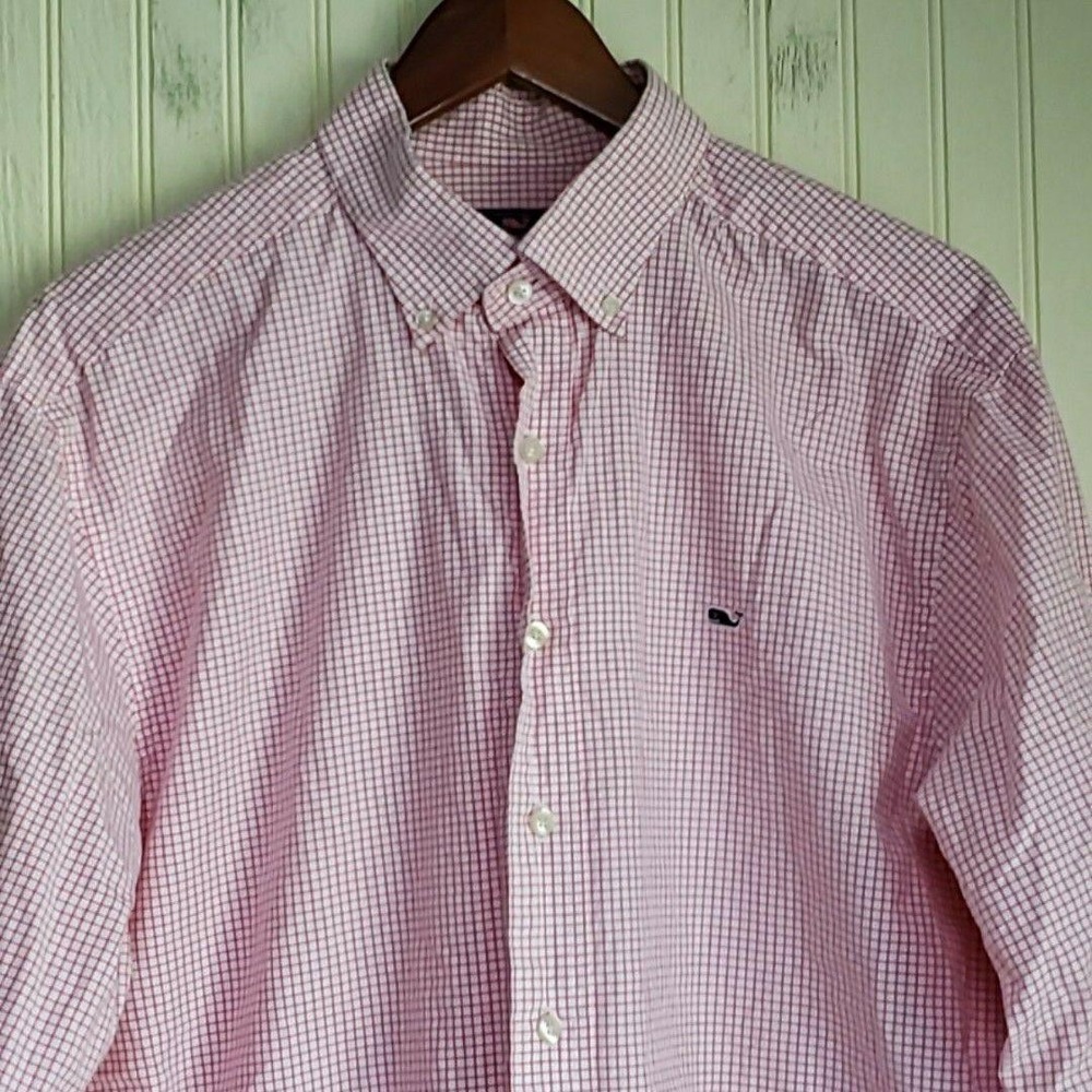 Vineyard Vines Whale Shirt Men Large‎ Pink Check Long Sleeve Button-Down Cotton